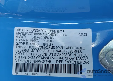 2023 Honda Civic Sport Touring from USA, damaged, VIN 19XFL1H84PE005589